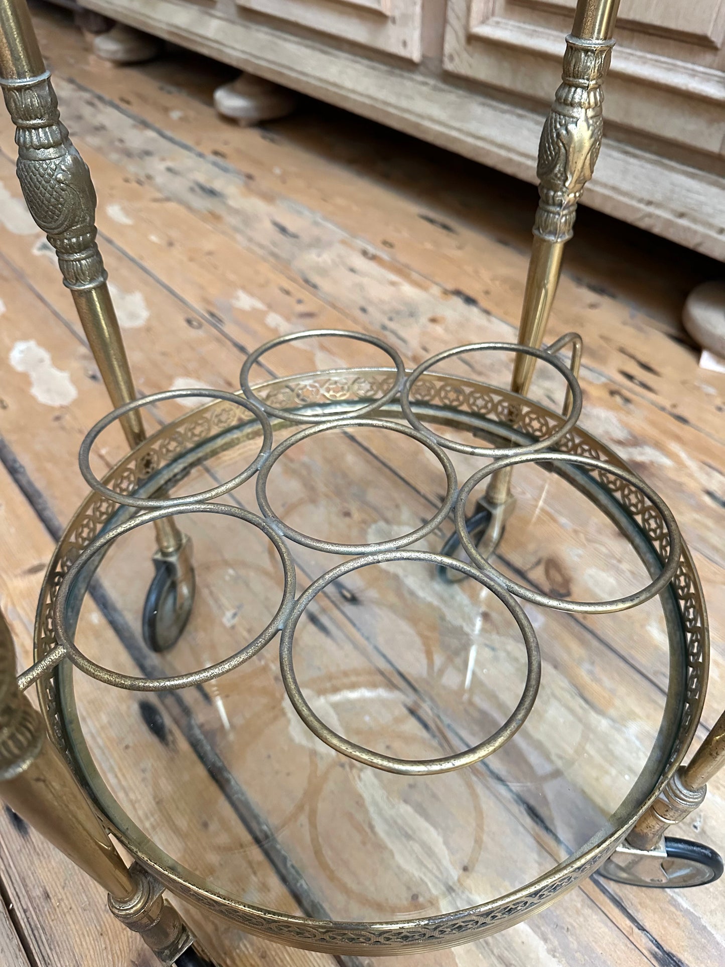 Antique French Round Brass Bar Cart With Bottle Holder