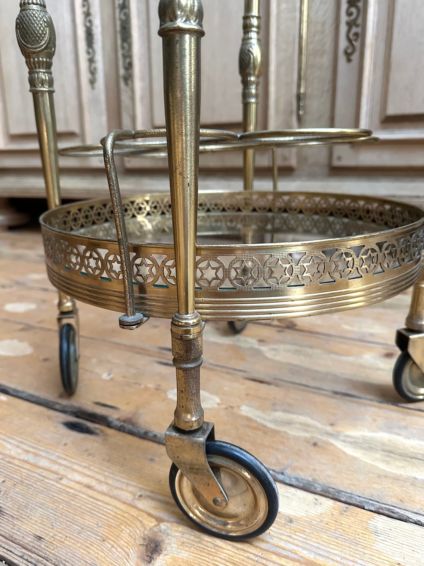 Antique French Round Brass Bar Cart With Bottle Holder
