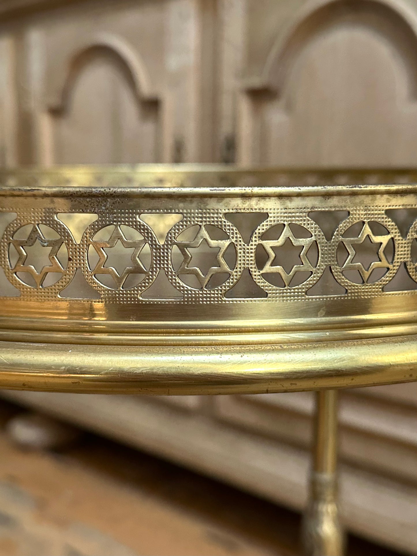 Antique French Round Brass Bar Cart With Bottle Holder