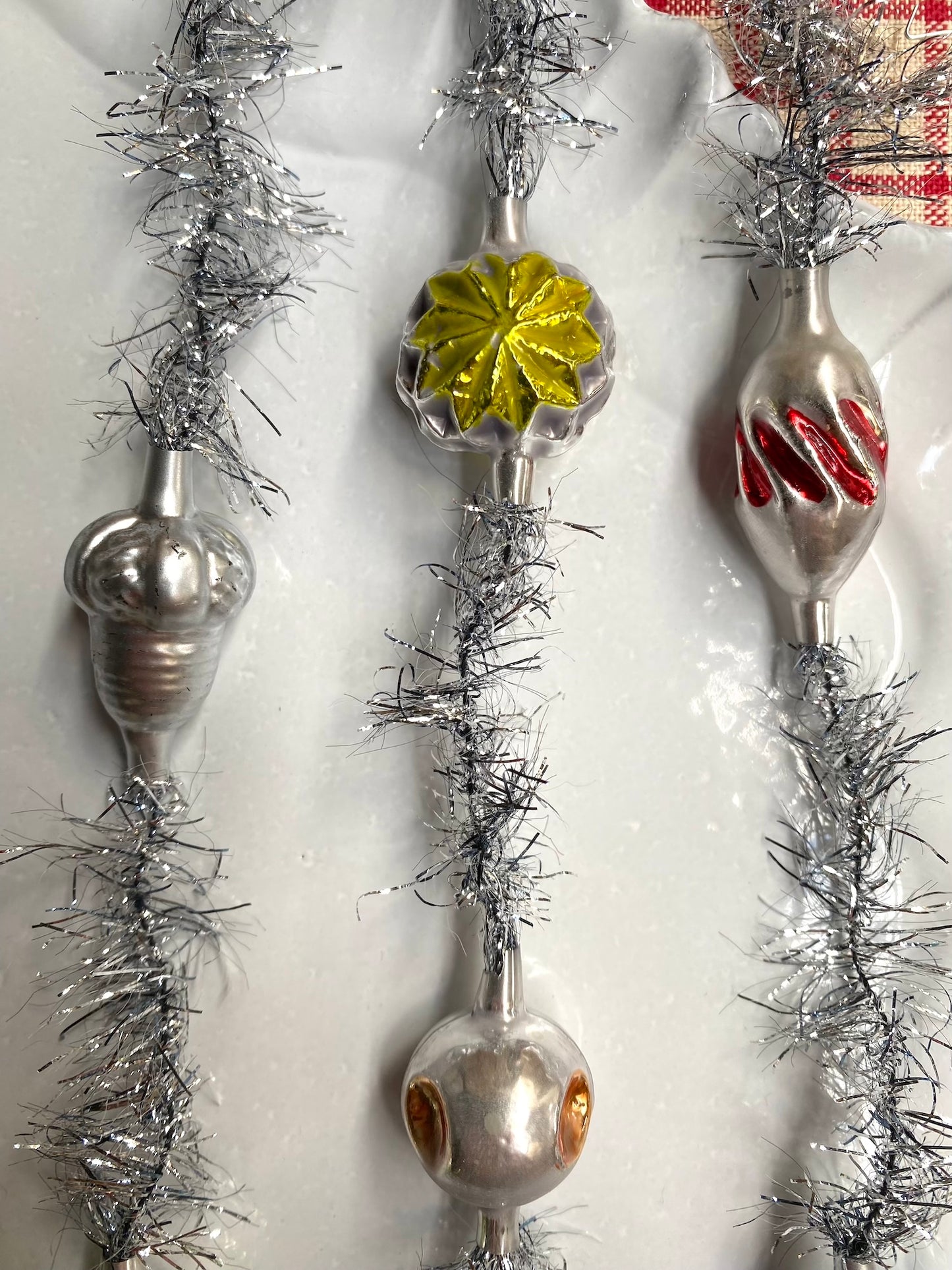 Silver Tinsel Garland with Glass Ornaments - Nostalgic German Christmas