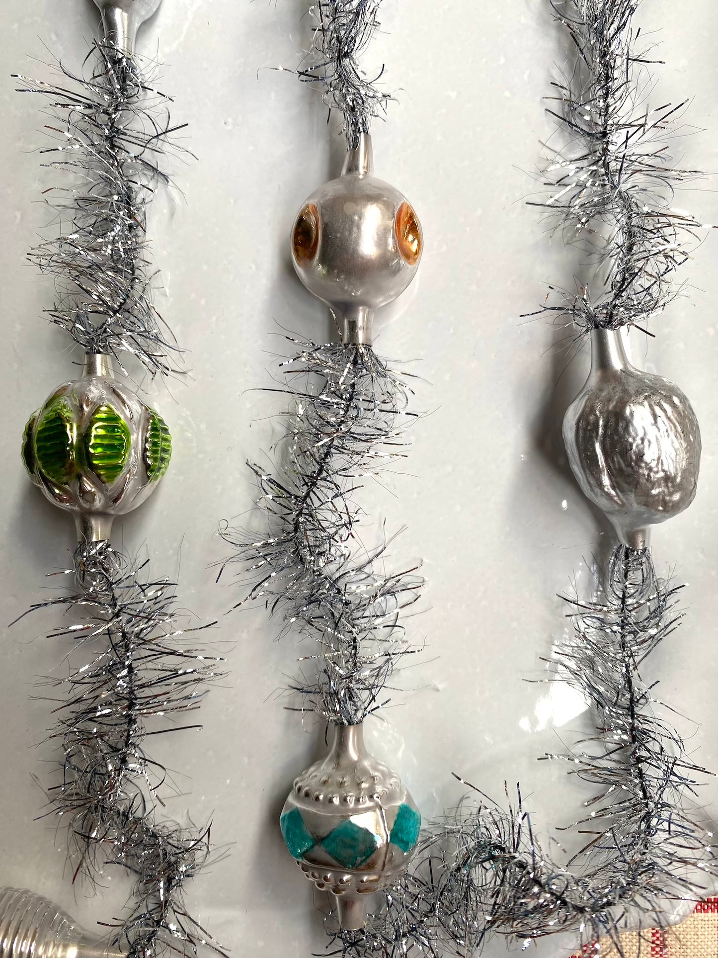 Silver Tinsel Garland with Glass Ornaments - Nostalgic German Christmas