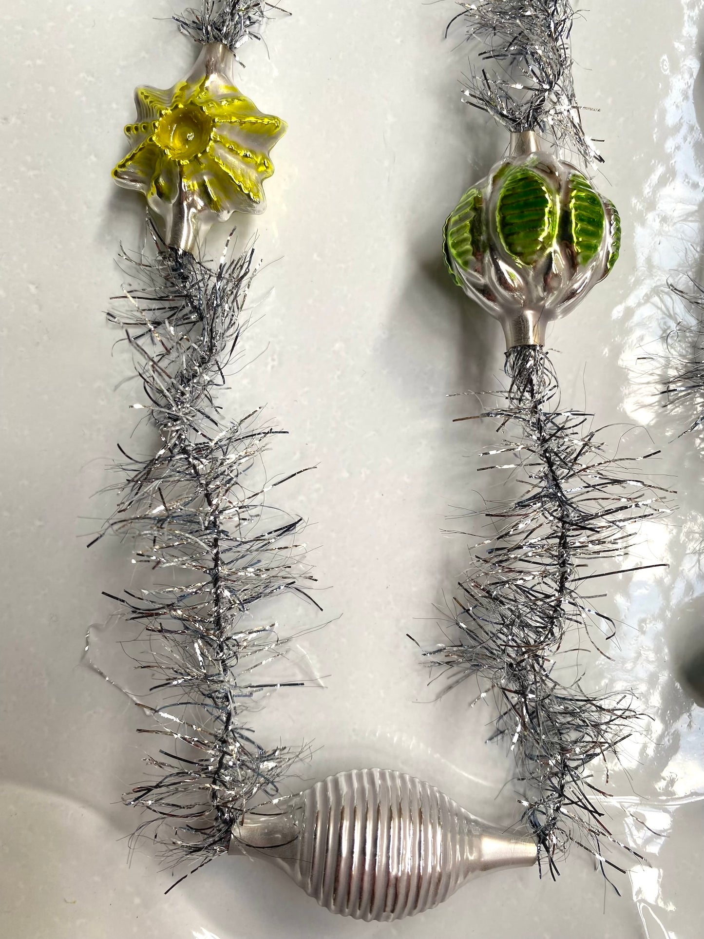 Silver Tinsel Garland with Glass Ornaments - Nostalgic German Christmas