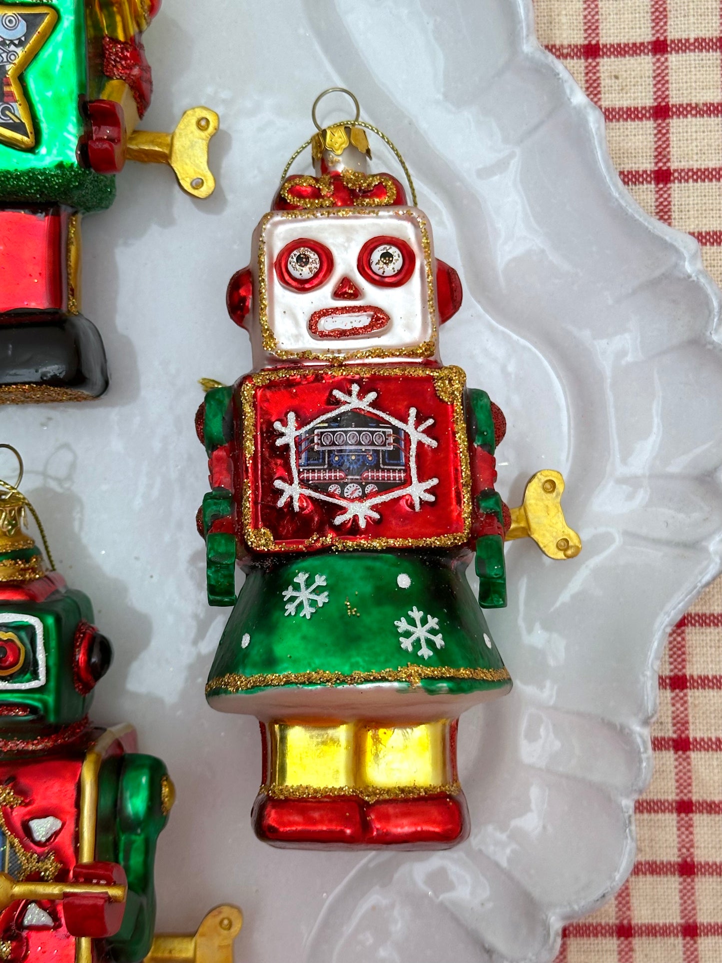 Glass Red and Green Robots - Christmas Ornament Sets