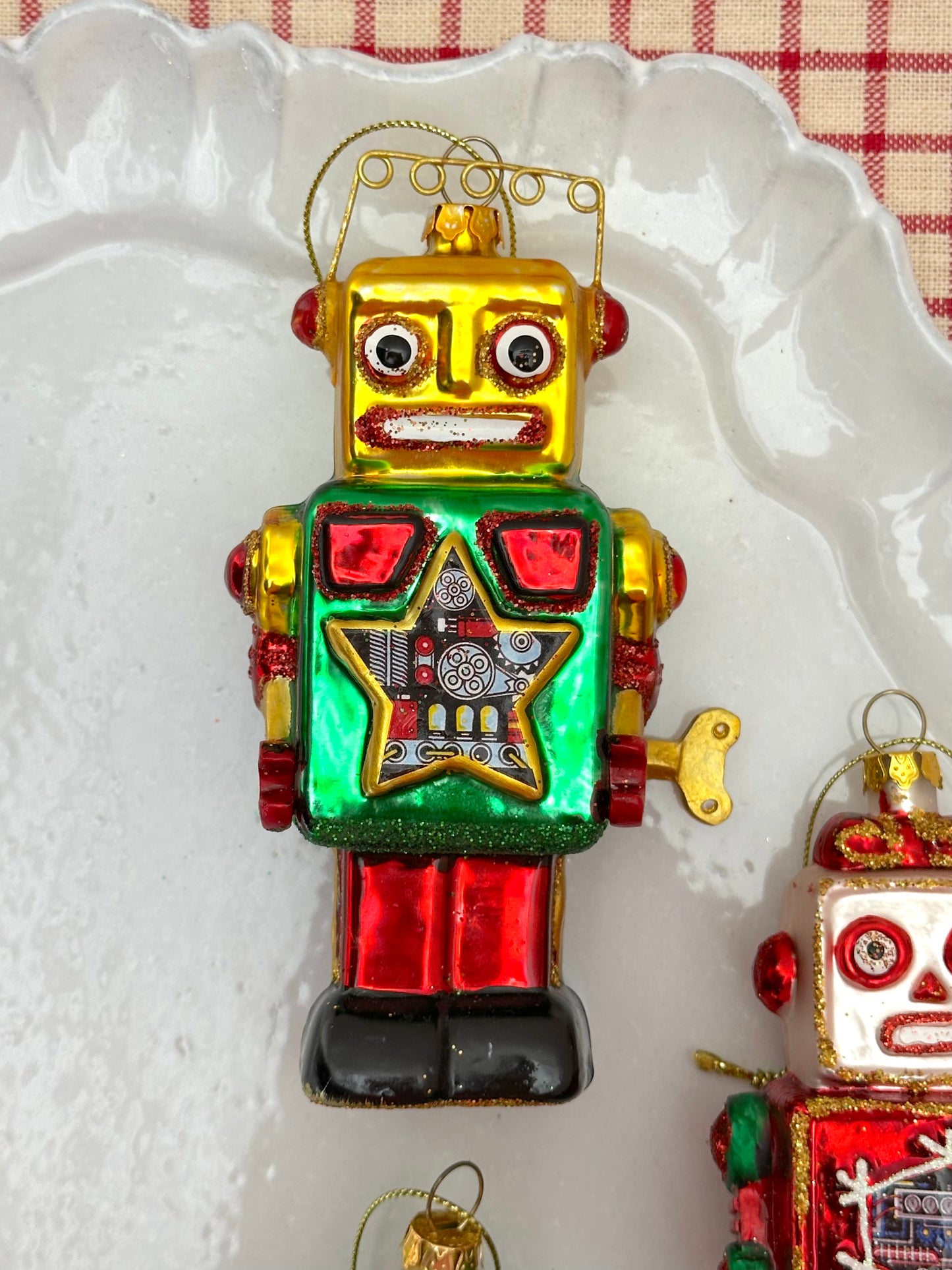 Glass Red and Green Robots - Christmas Ornament Sets