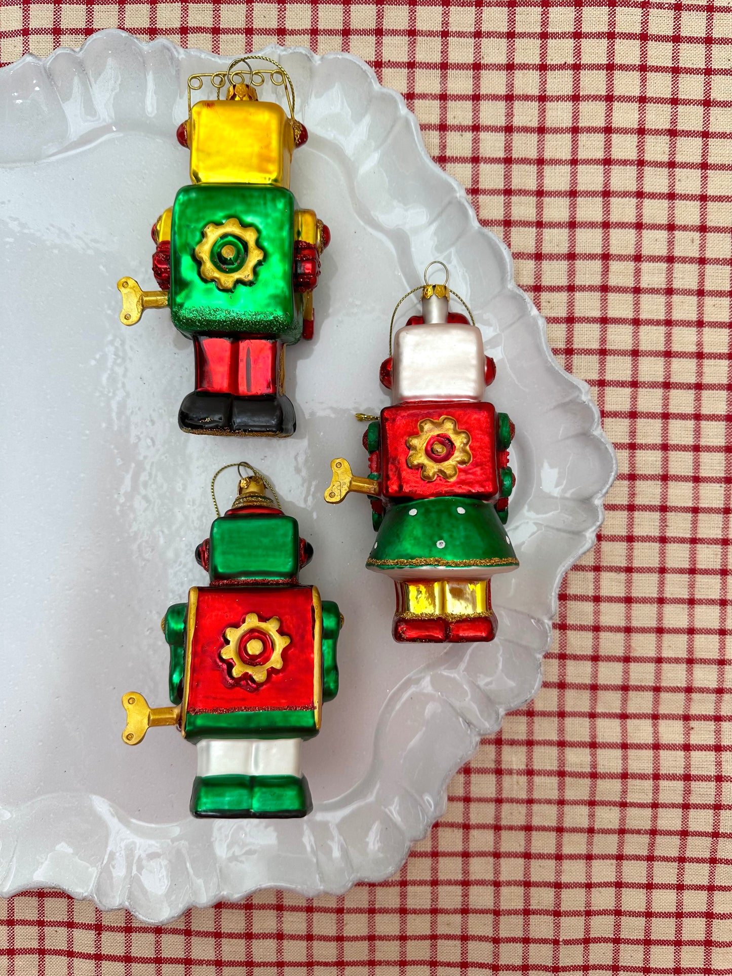 Glass Red and Green Robots - Christmas Ornament Sets