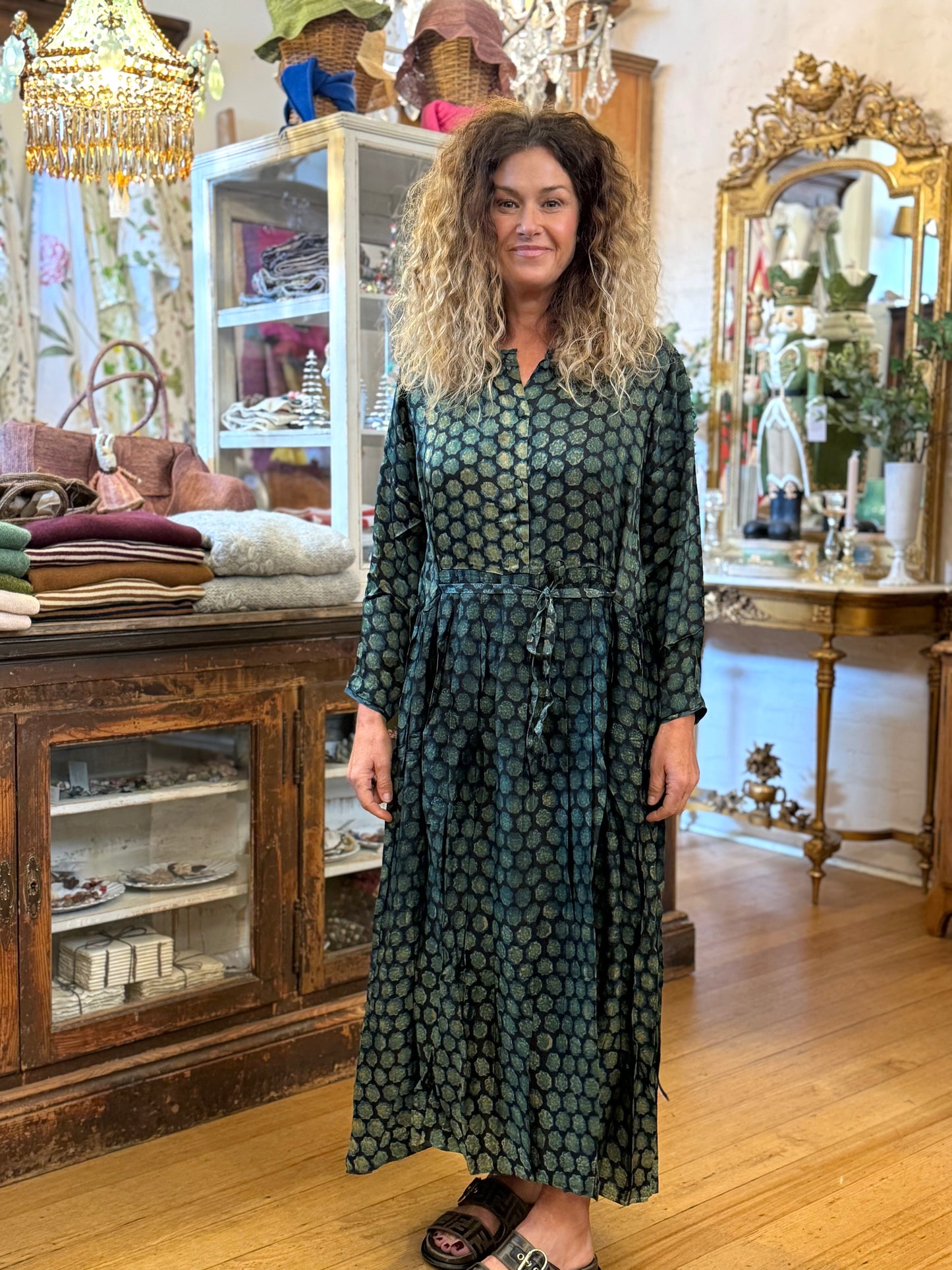 Runaway Bicycle Green Pattern Silk Dress With Tie Waistband