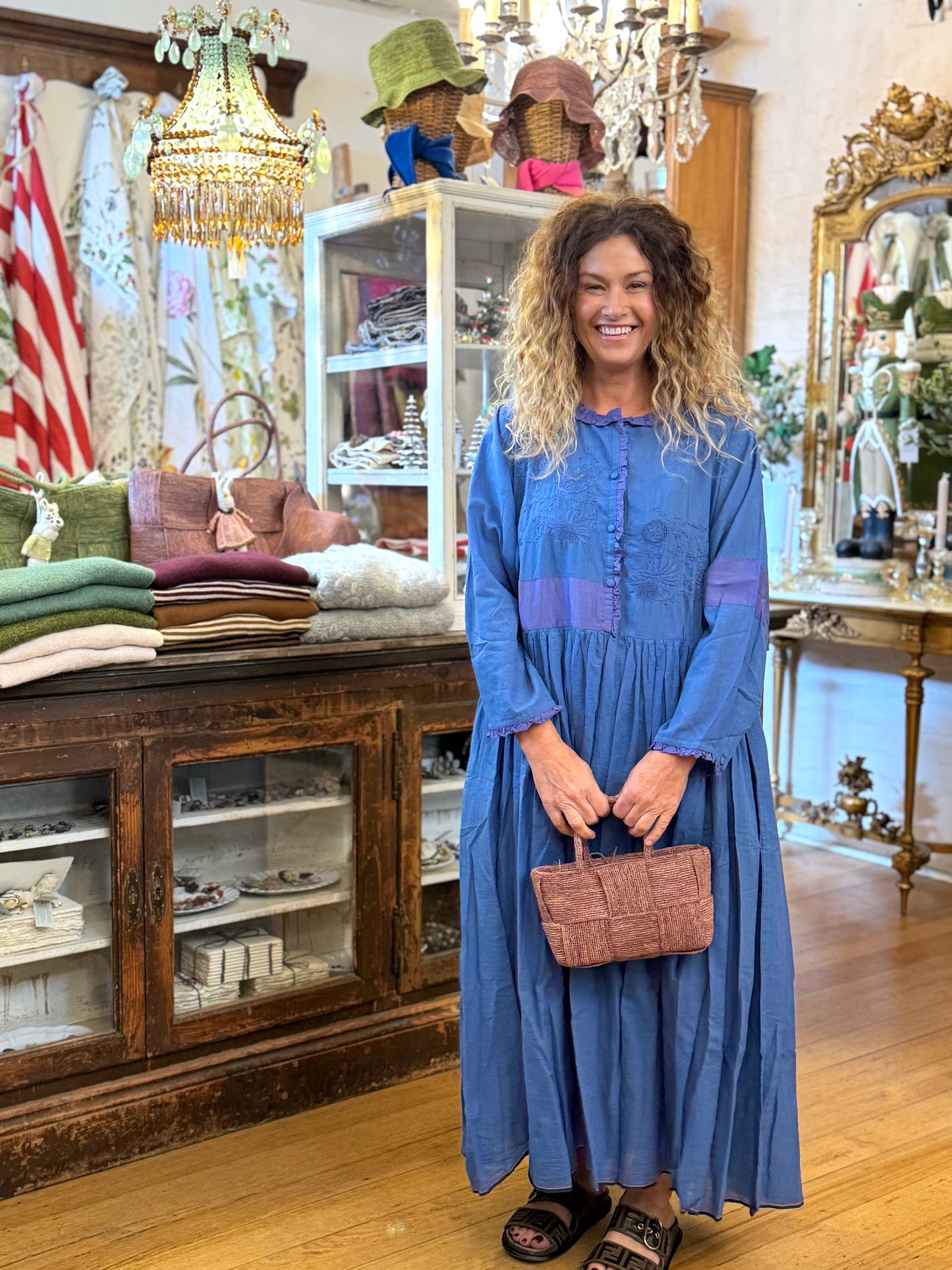 Runaway Bicycle Long Sleeve Blue Dress With Embroidery