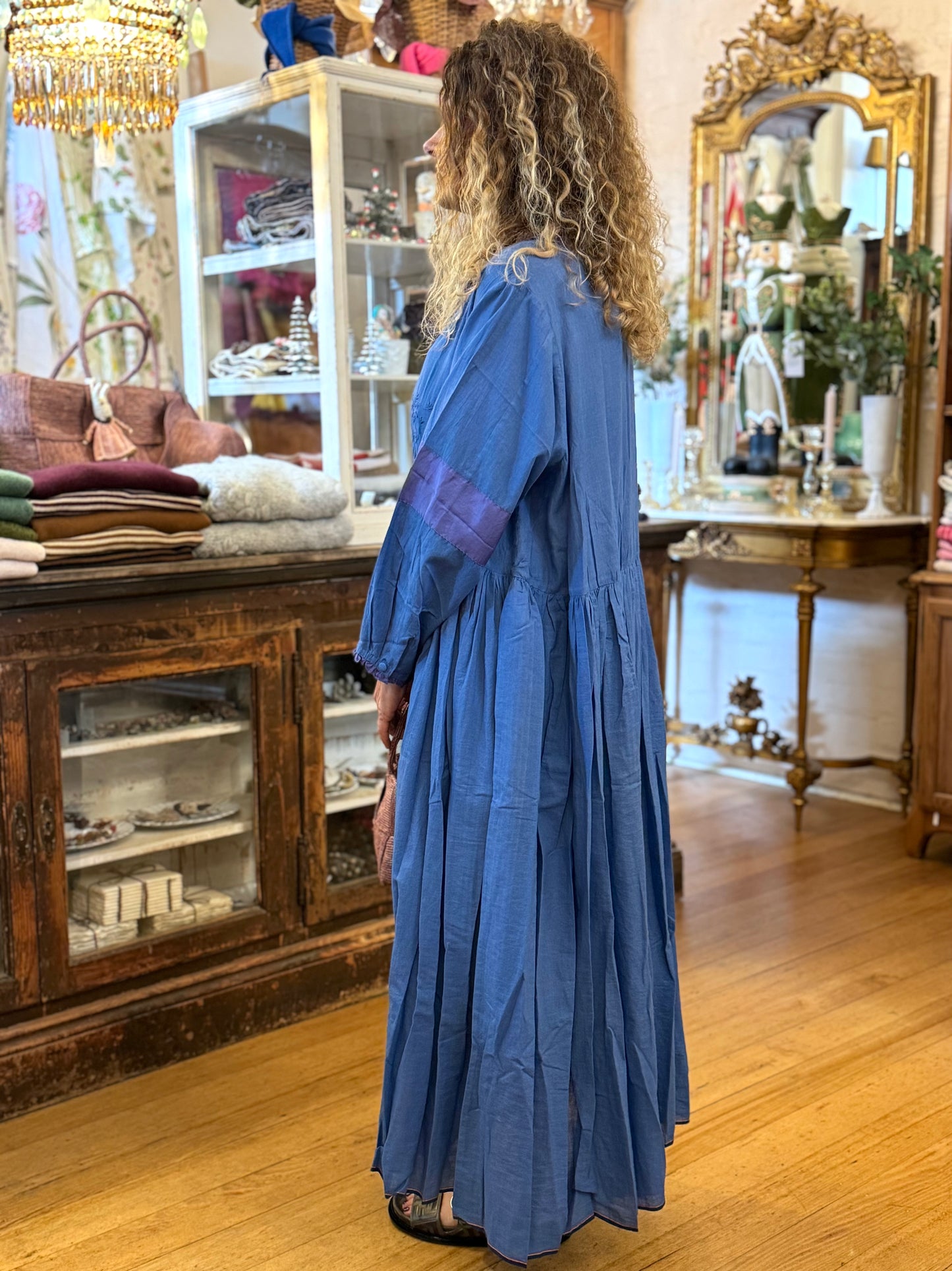 Runaway Bicycle Long Sleeve Blue Dress With Embroidery