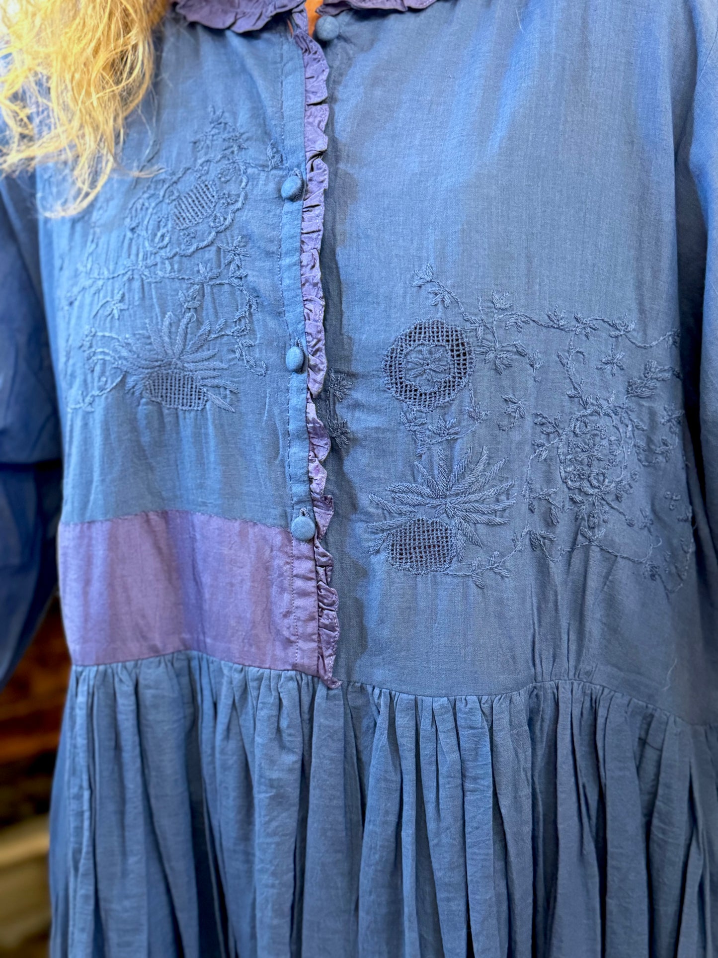 Runaway Bicycle Long Sleeve Blue Dress With Embroidery