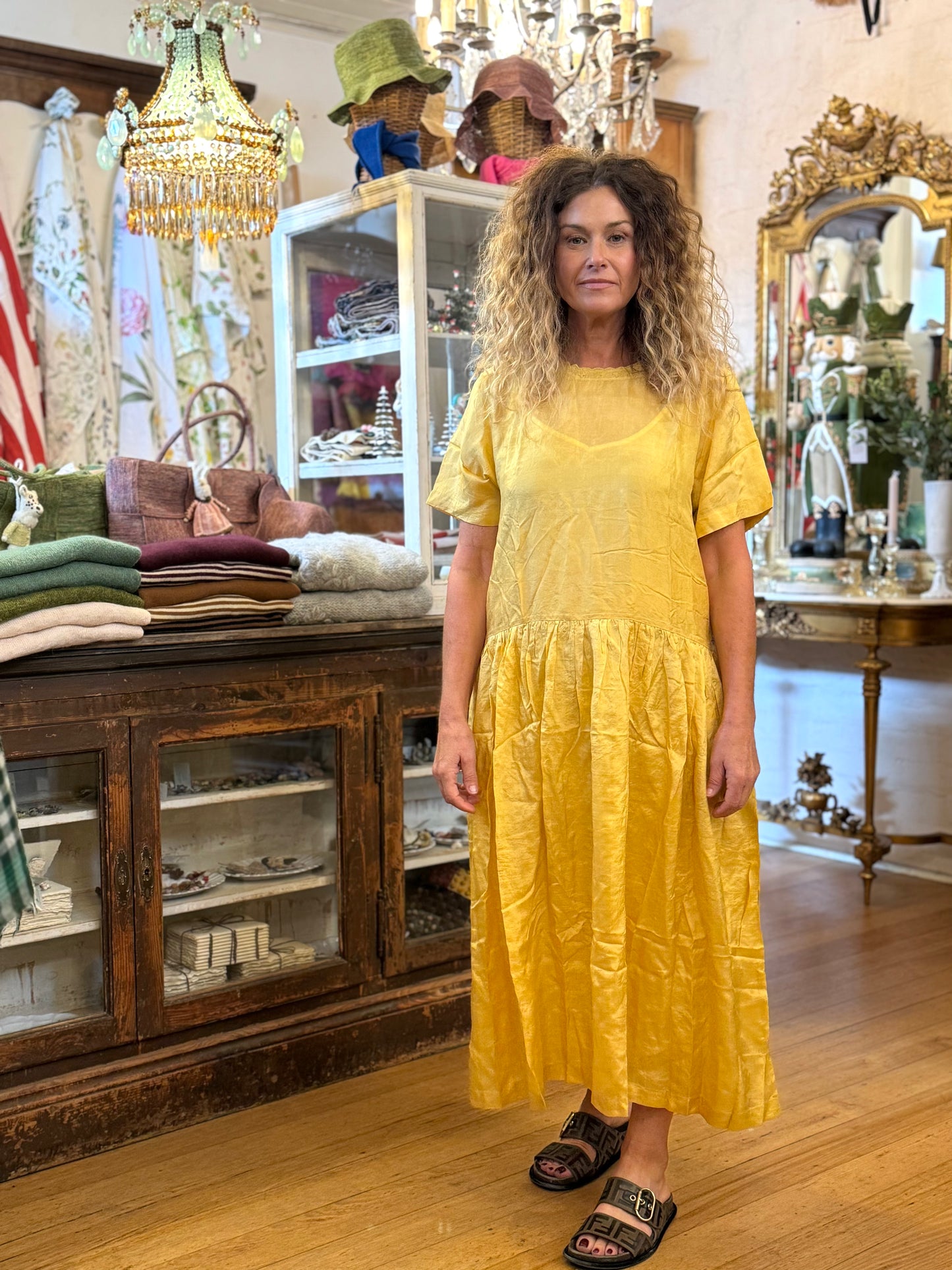 Runaway Bicycle Yellow Silk Dress With Embroidered Neckline