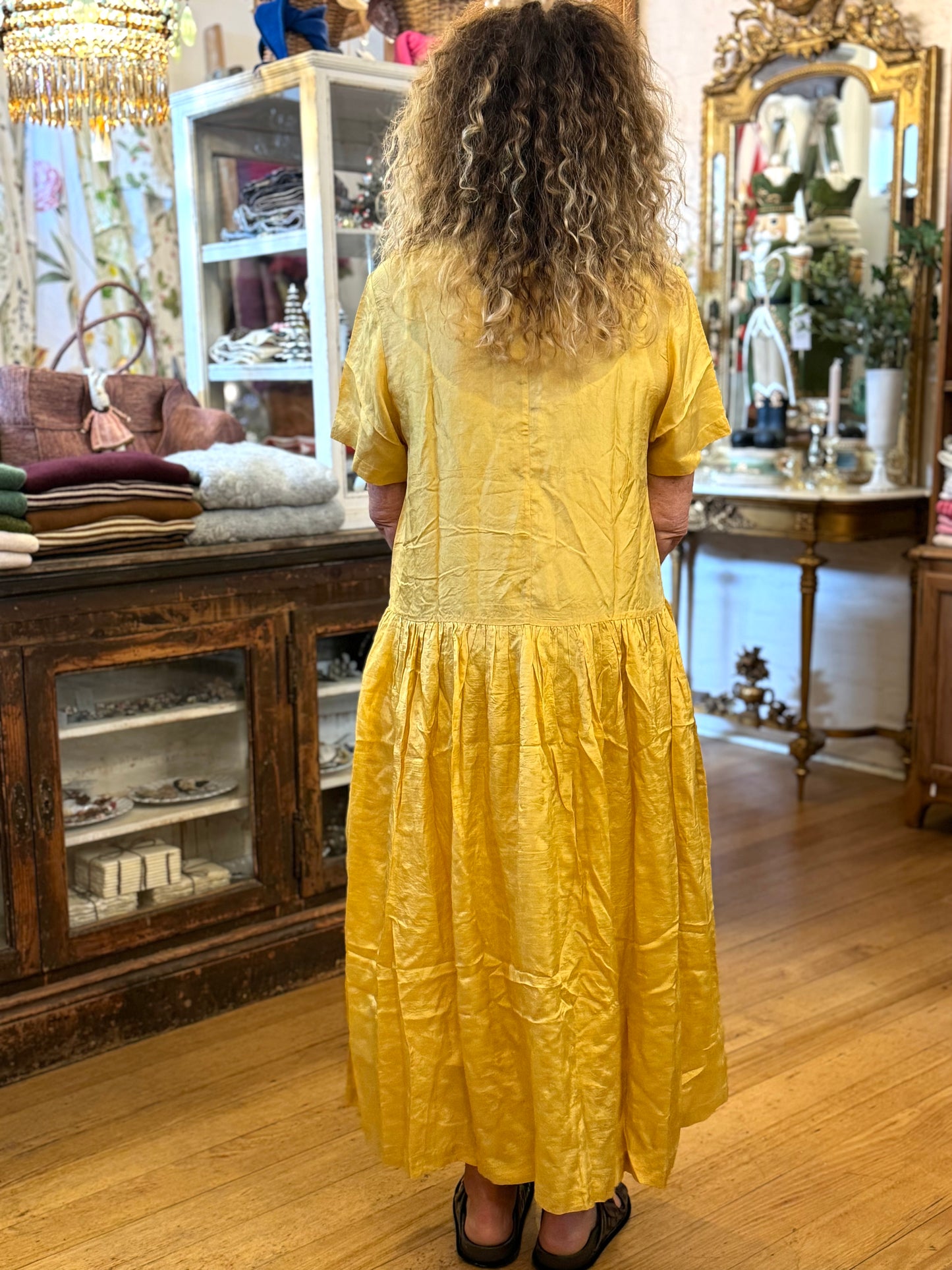Runaway Bicycle Yellow Silk Dress With Embroidered Neckline