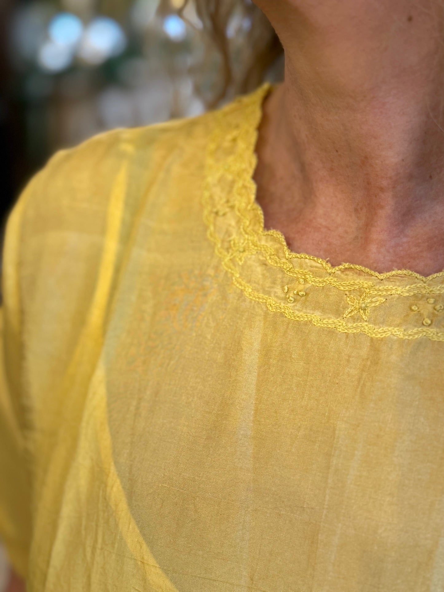 Runaway Bicycle Yellow Silk Dress With Embroidered Neckline