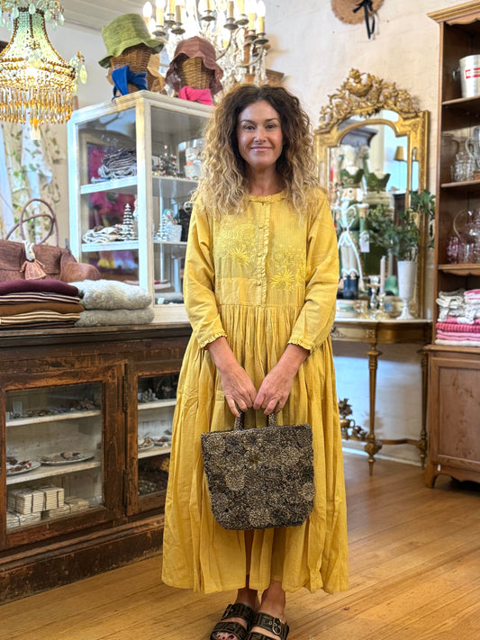 Runaway Bicycle Long Sleeve Yellow Dress With Embroidery