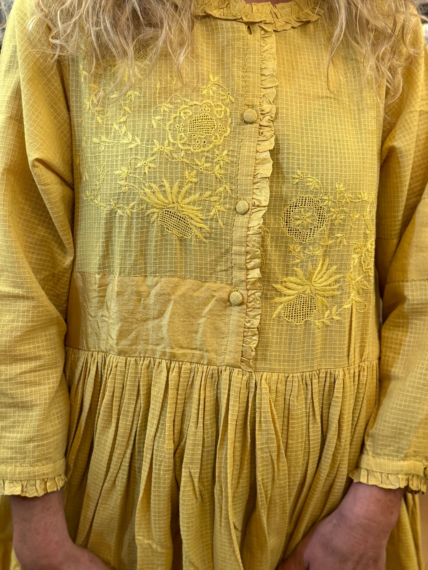 Runaway Bicycle Long Sleeve Yellow Dress With Embroidery