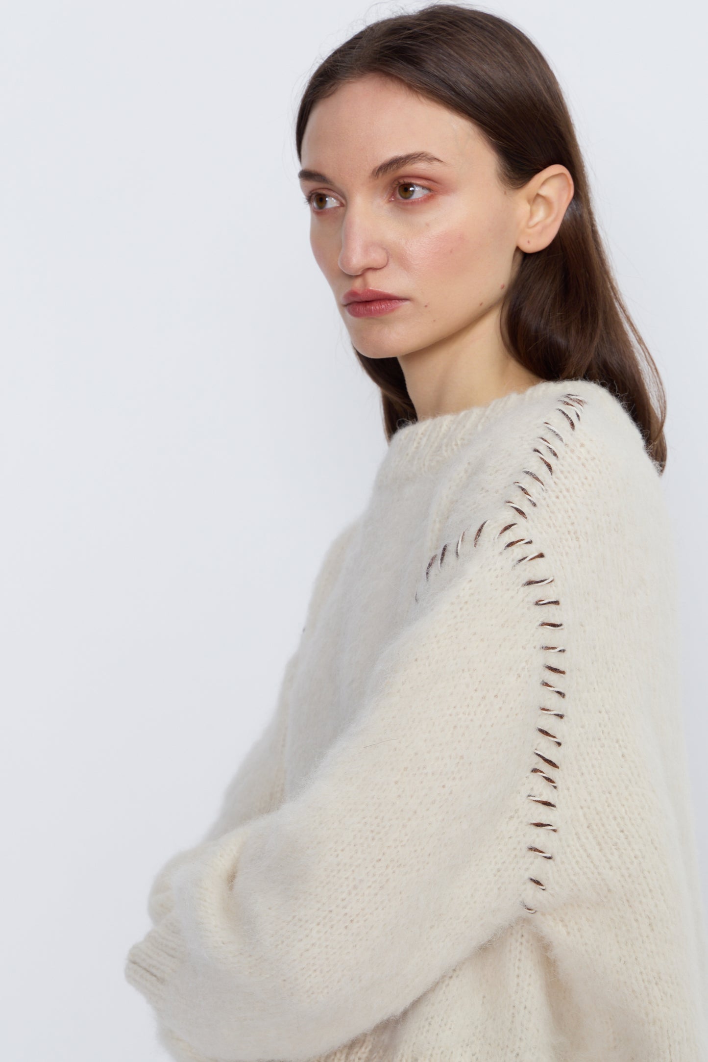 French Alpaca Knit Jumper With Contrast Stitching - Ivory