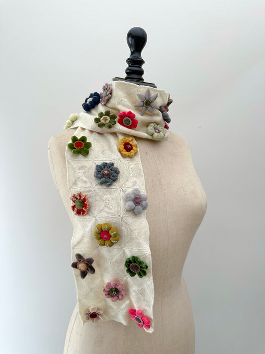 Sophie Digard Crochet Cream Geometric Scarf With Large Flowers