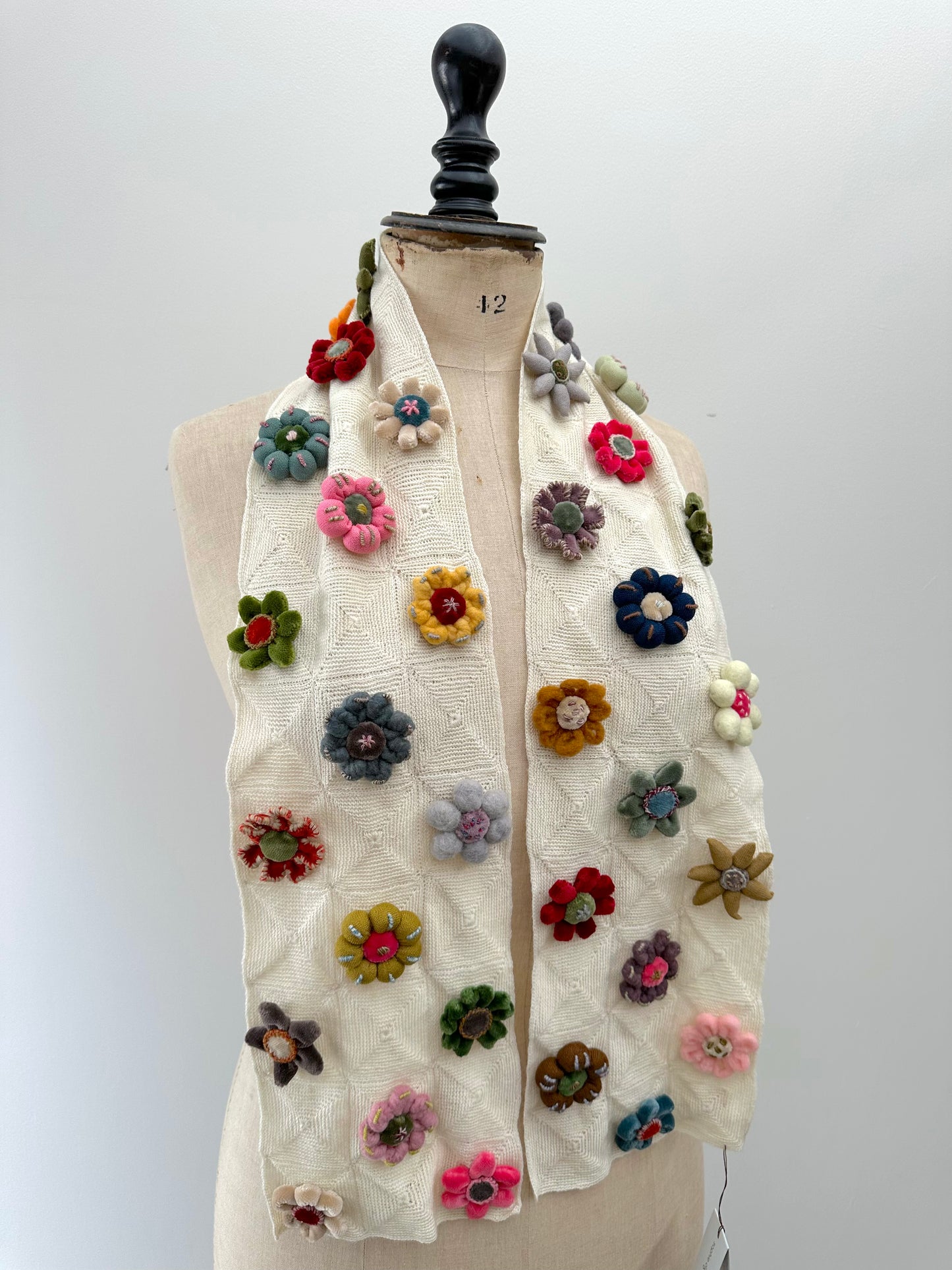 Sophie Digard Crochet Cream Geometric Scarf With Large Flowers