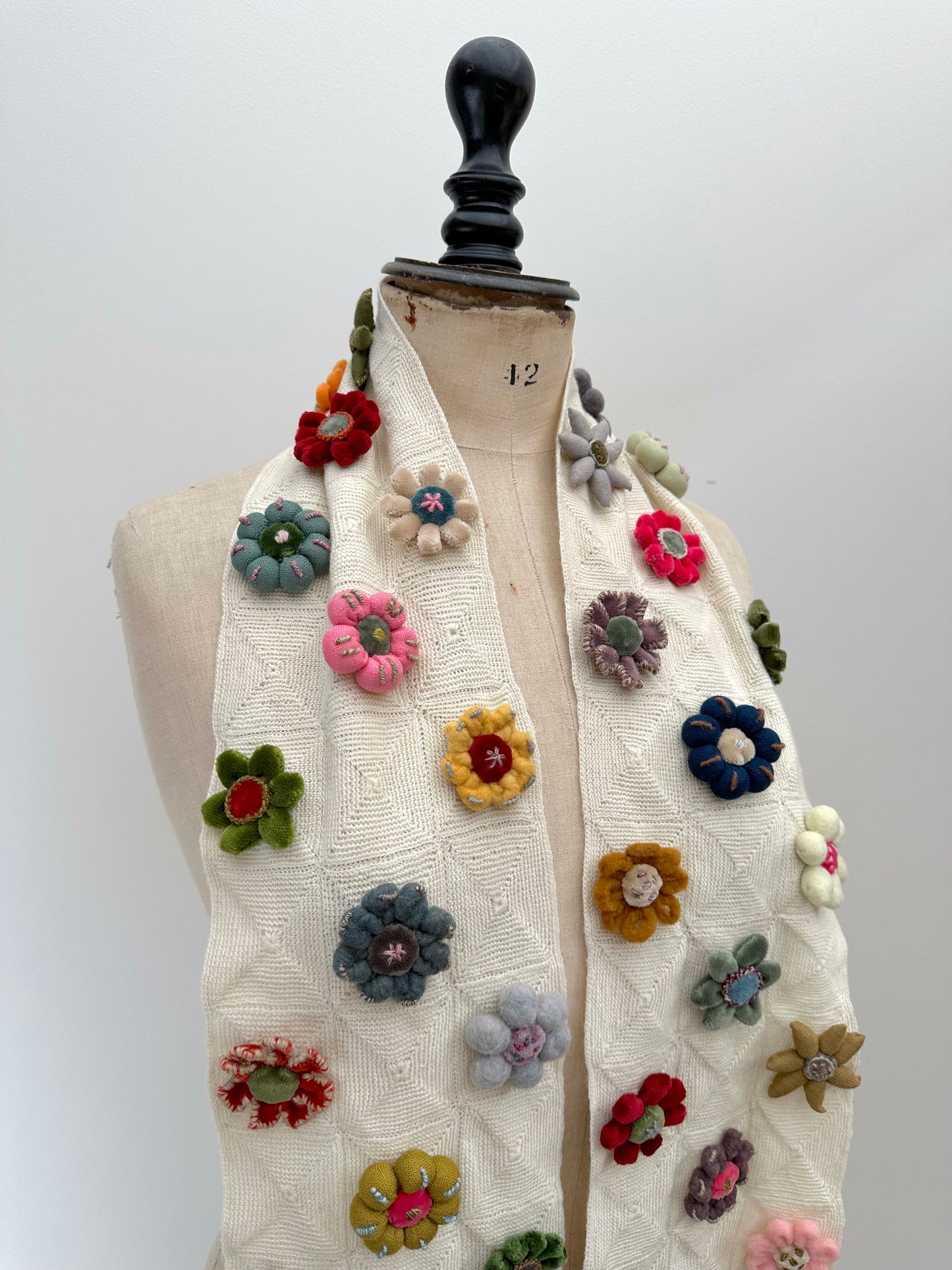 Sophie Digard Crochet Cream Geometric Scarf With Large Flowers