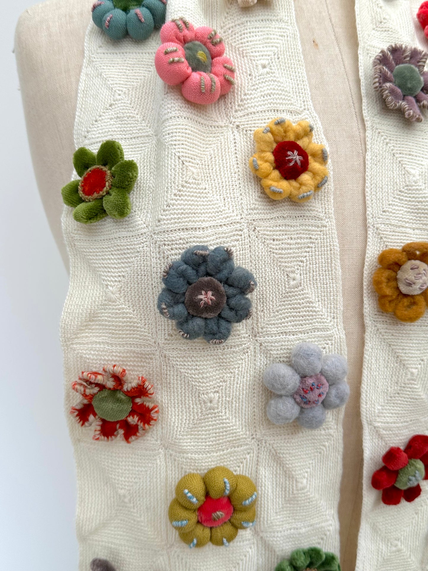 Sophie Digard Crochet Cream Geometric Scarf With Large Flowers