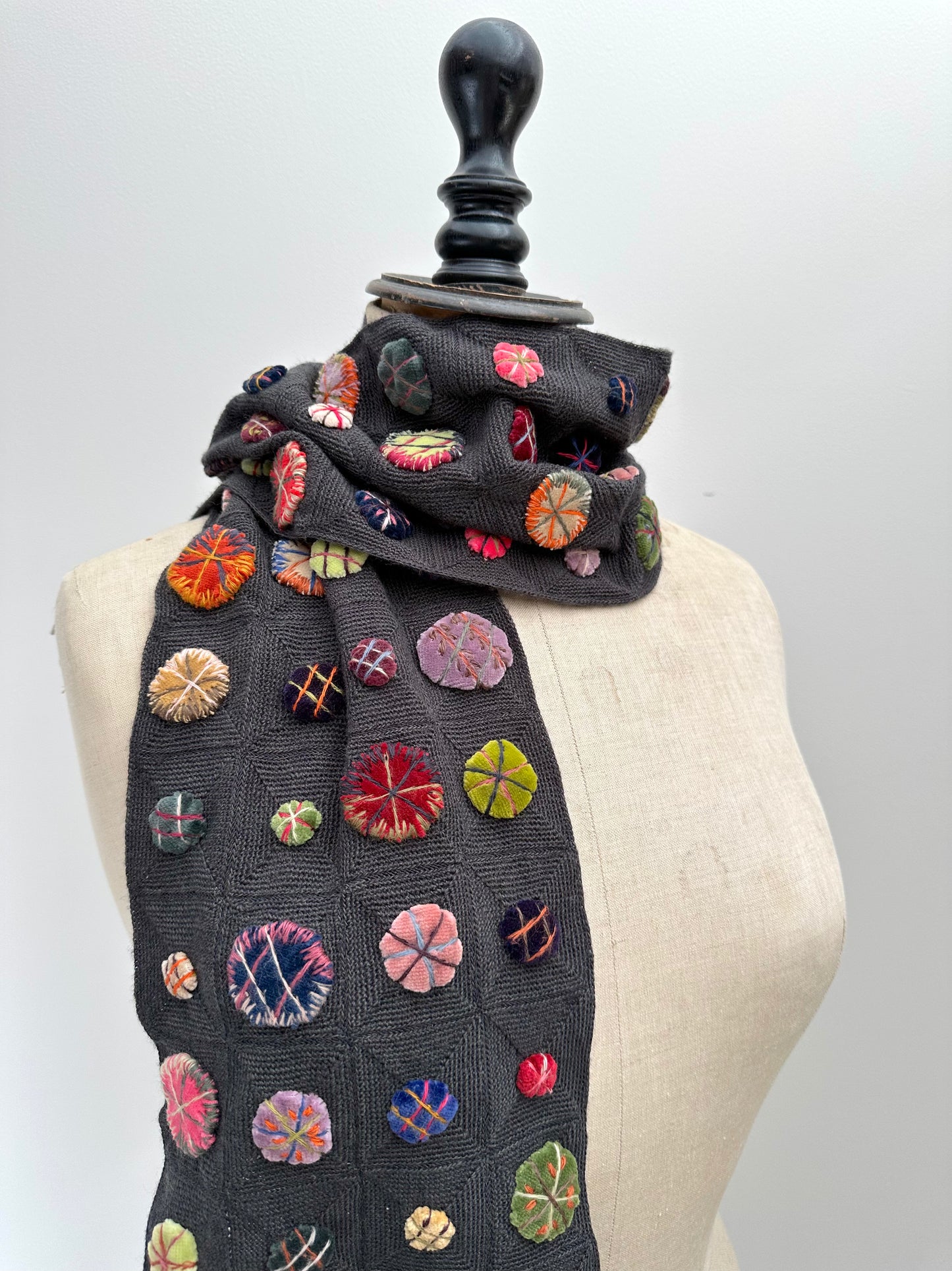 Sophie Digard Crochet Wool Scarf With Bright Circles And Stitching Details