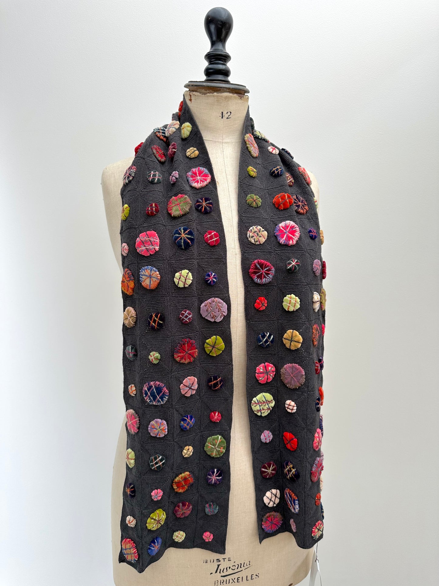 Sophie Digard Crochet Wool Scarf With Bright Circles And Stitching Details