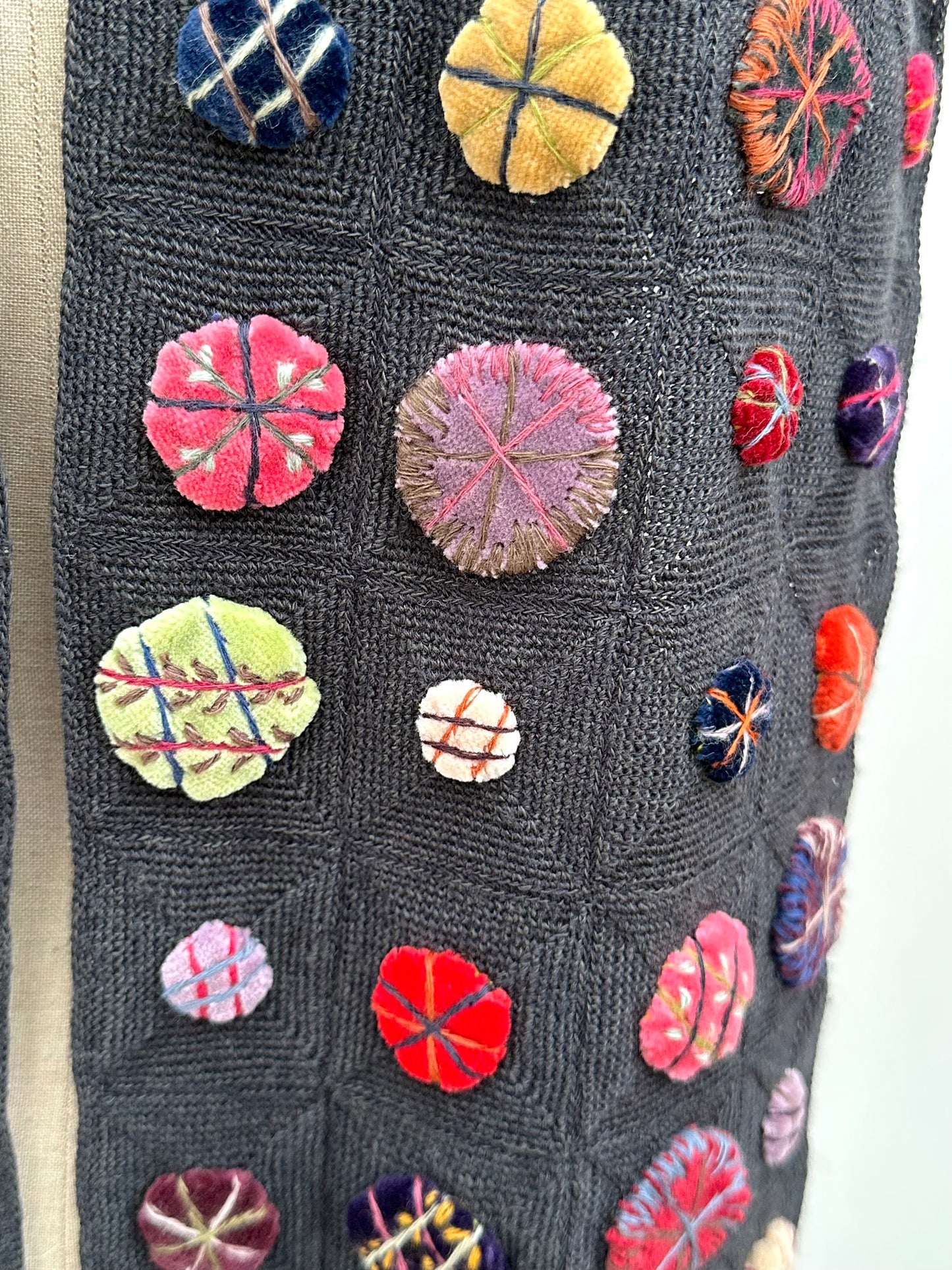 Sophie Digard Crochet Wool Scarf With Bright Circles And Stitching Details