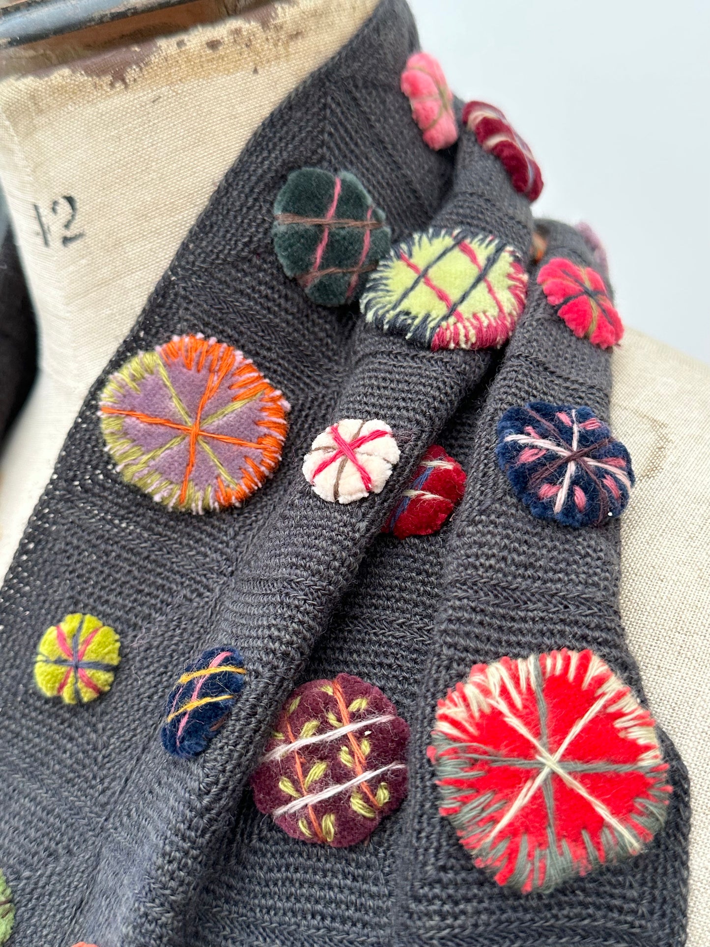 Sophie Digard Crochet Wool Scarf With Bright Circles And Stitching Details