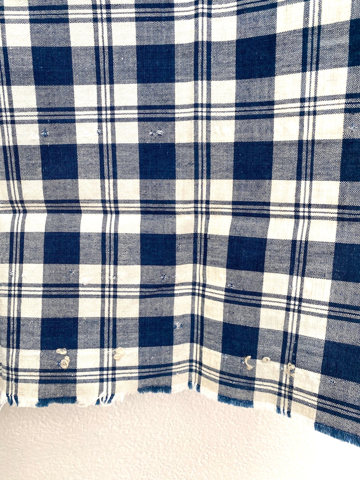 Antique French Blue Gingham Check Cotton Fabric Panel 50x50cm