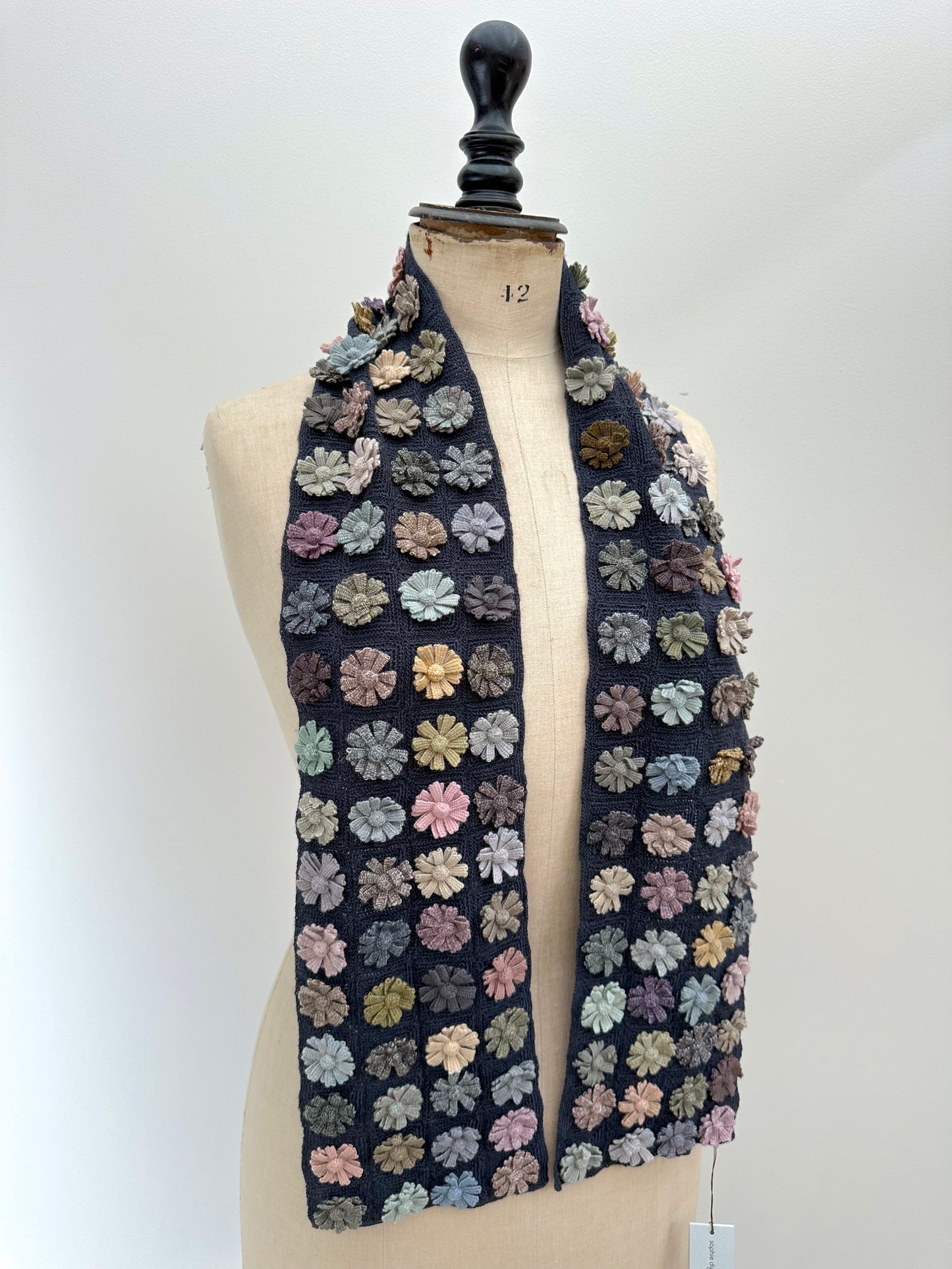 Sophie Digard Narrow Navy Crochet Wool Scarf With Pastel Flower Applique