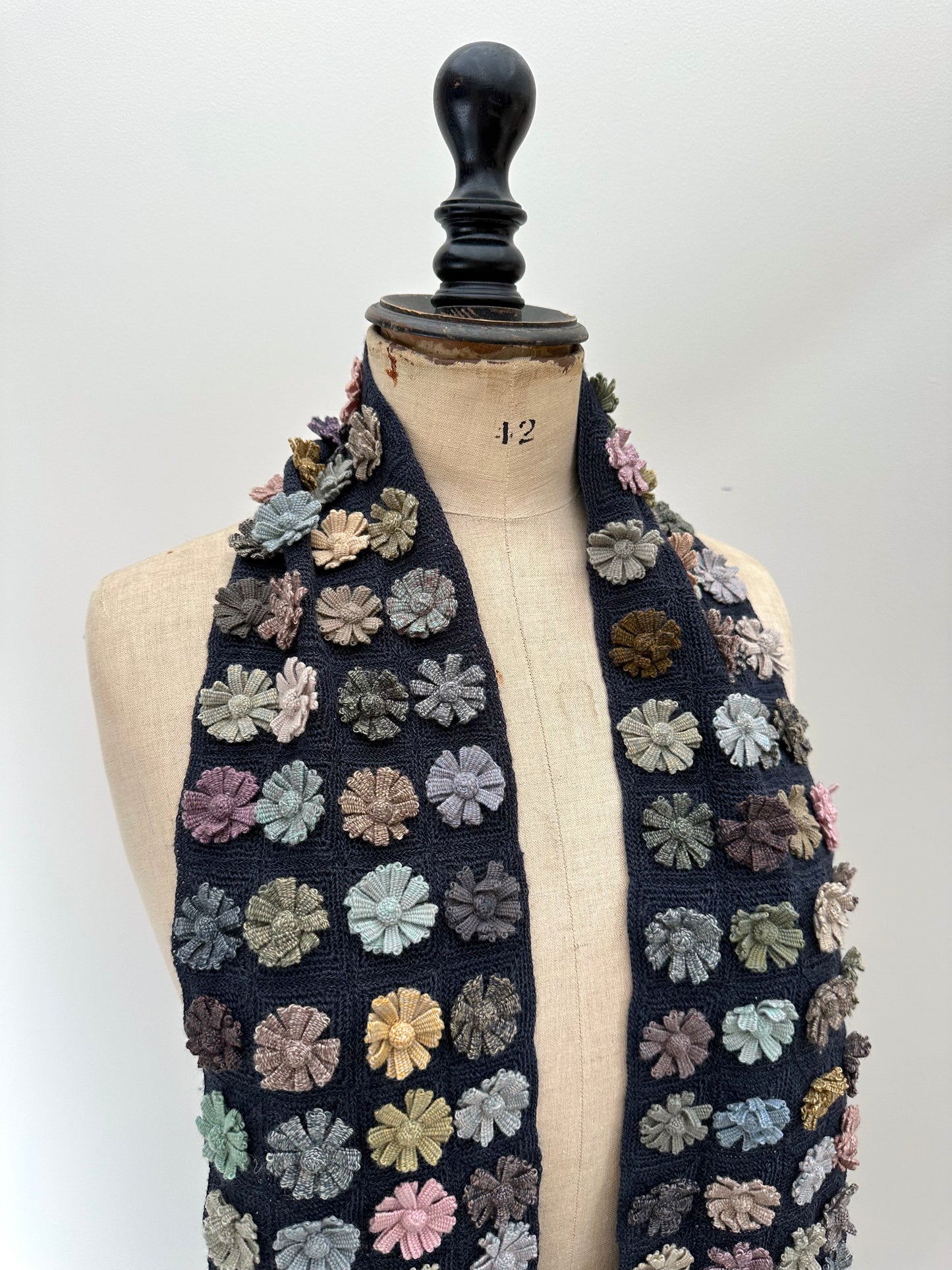 Sophie Digard Narrow Navy Crochet Wool Scarf With Pastel Flower Applique