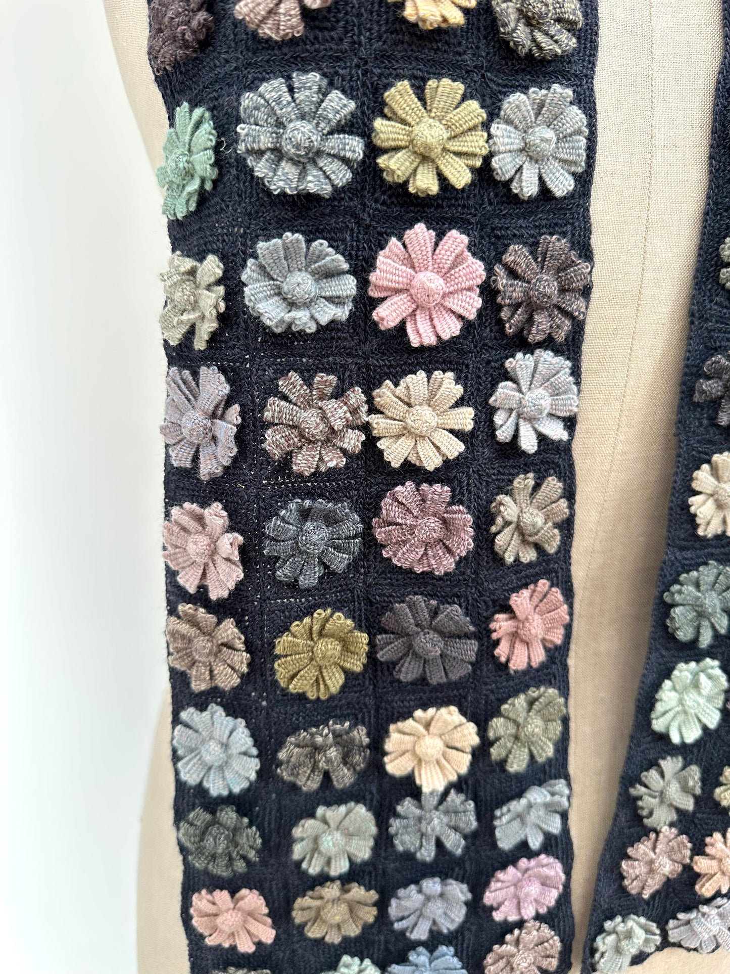 Sophie Digard Narrow Navy Crochet Wool Scarf With Pastel Flower Applique