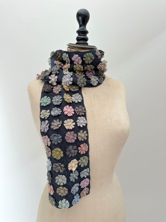 Sophie Digard Narrow Navy Crochet Wool Scarf With Pastel Flower Applique