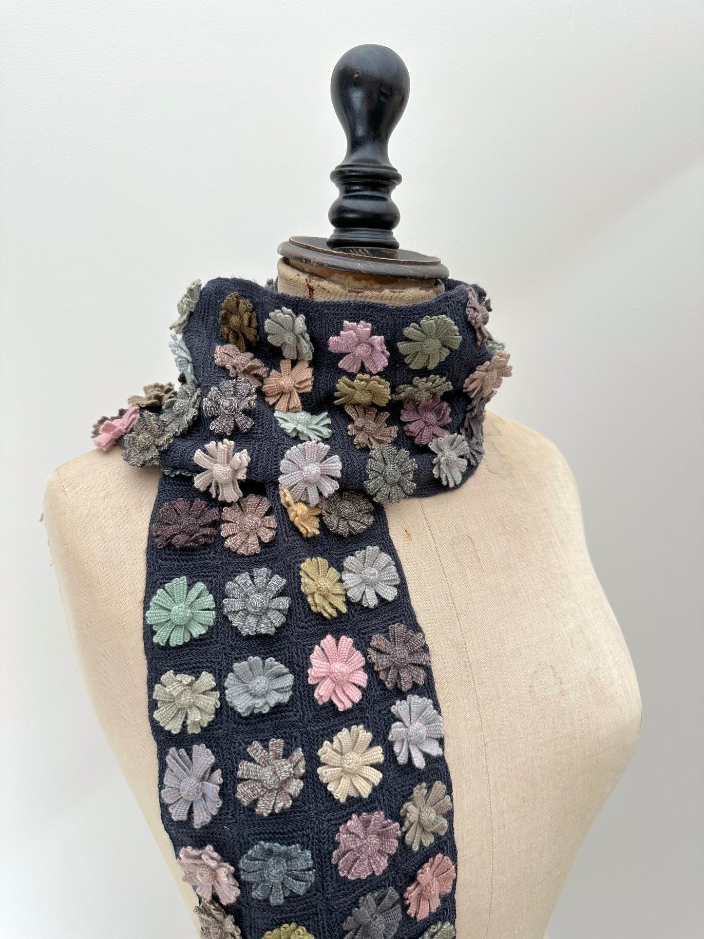 Sophie Digard Narrow Navy Crochet Wool Scarf With Pastel Flower Applique