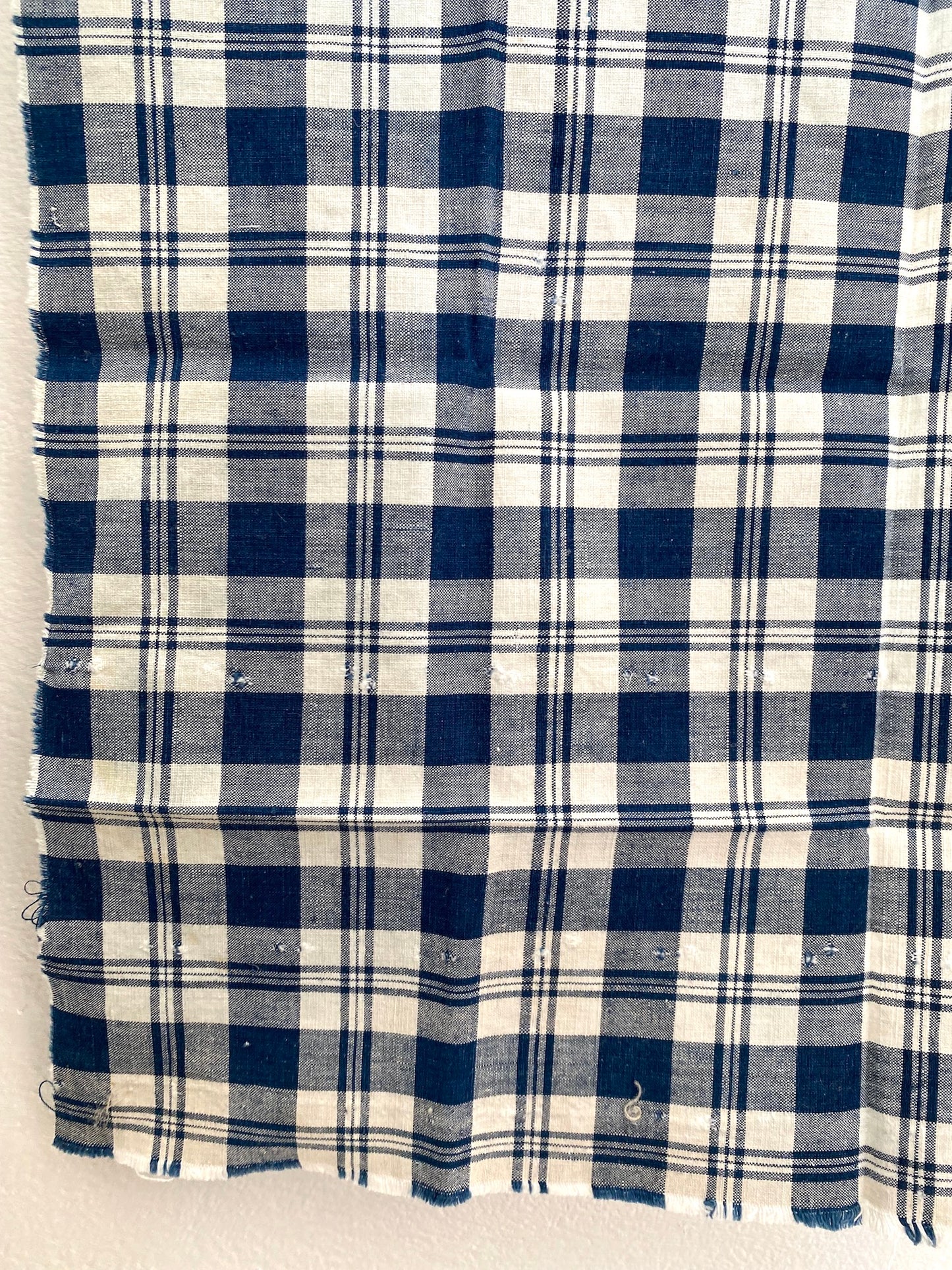 Antique French Blue Gingham Check Cotton Fabric Panel 50x50cm