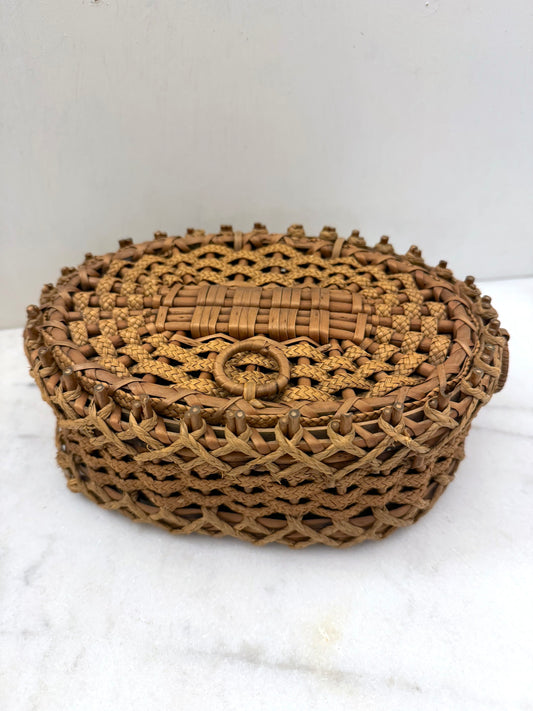 Antique French Small Oval Woven Cane Basket Box