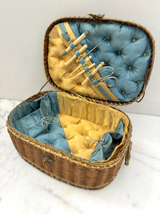 Antique French Small Woven Basket Box Gold Painted Trim