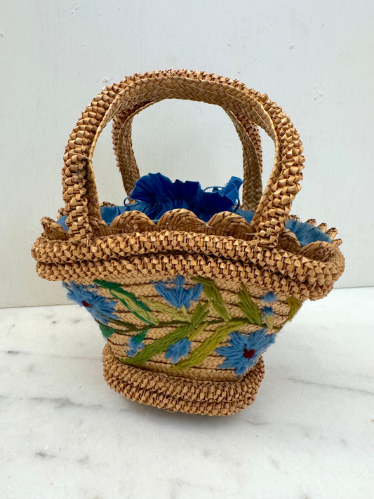 Antique French Petite 1890 Woven Basket With Blue Floral Embroidery