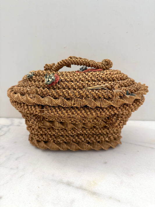 Antique French 1880’s Woven Straw Basket With Lid