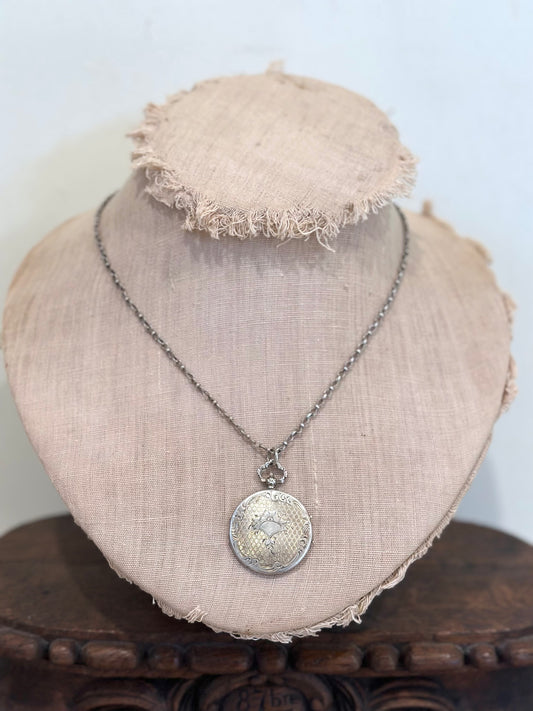 Antique French Ornate Silver Necklace With Round Fob Watch Locket