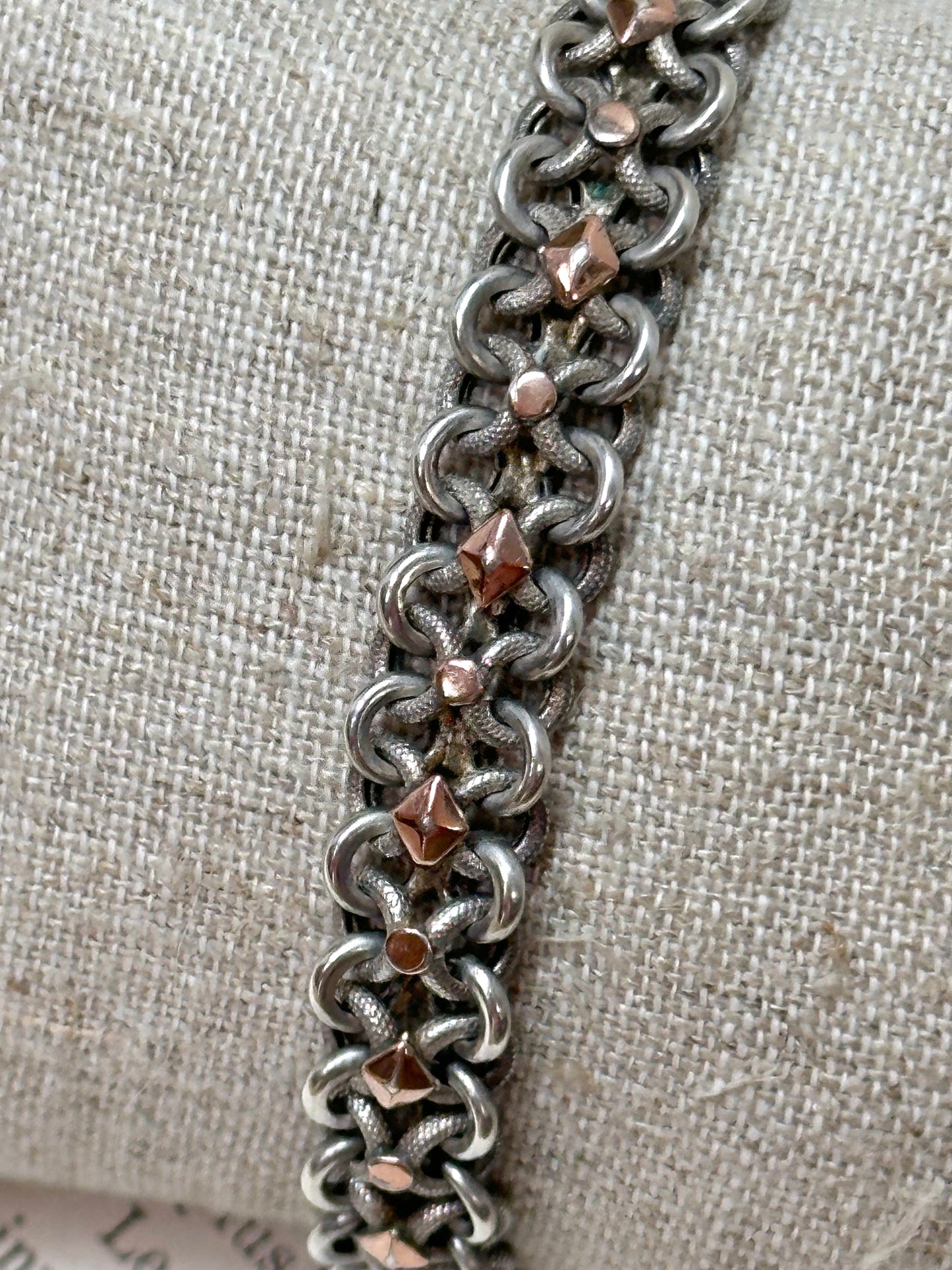 Antique French Silver Bracelet With Rose Gold Trim And Ball Charm