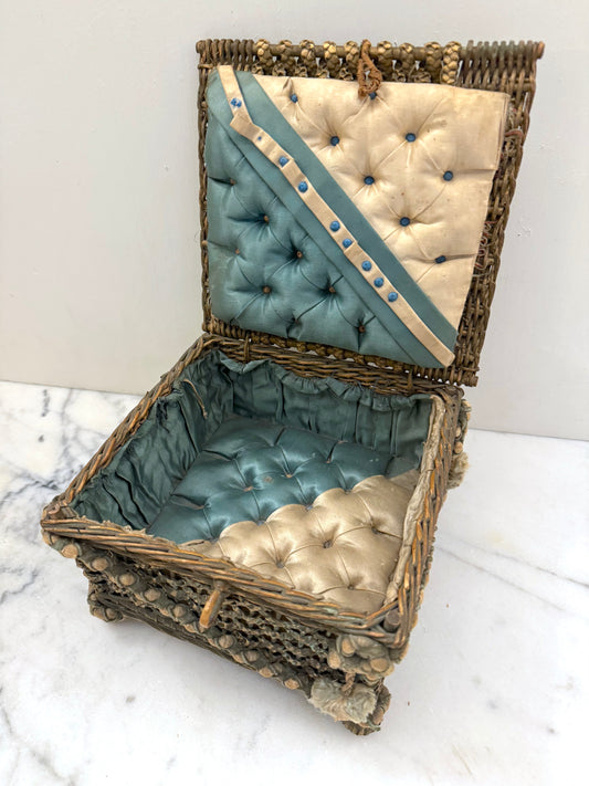 Antique French Green Woven Cane & Silk Sewing Basket