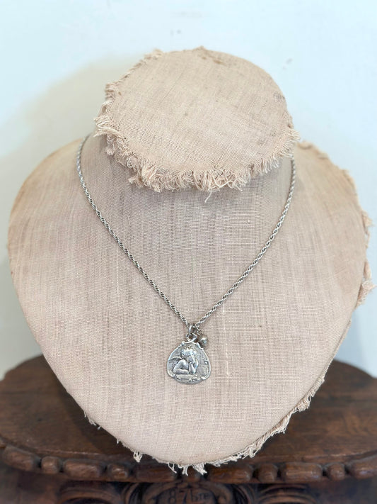 Antique French Silver Necklace With Angel Medal And Acorn