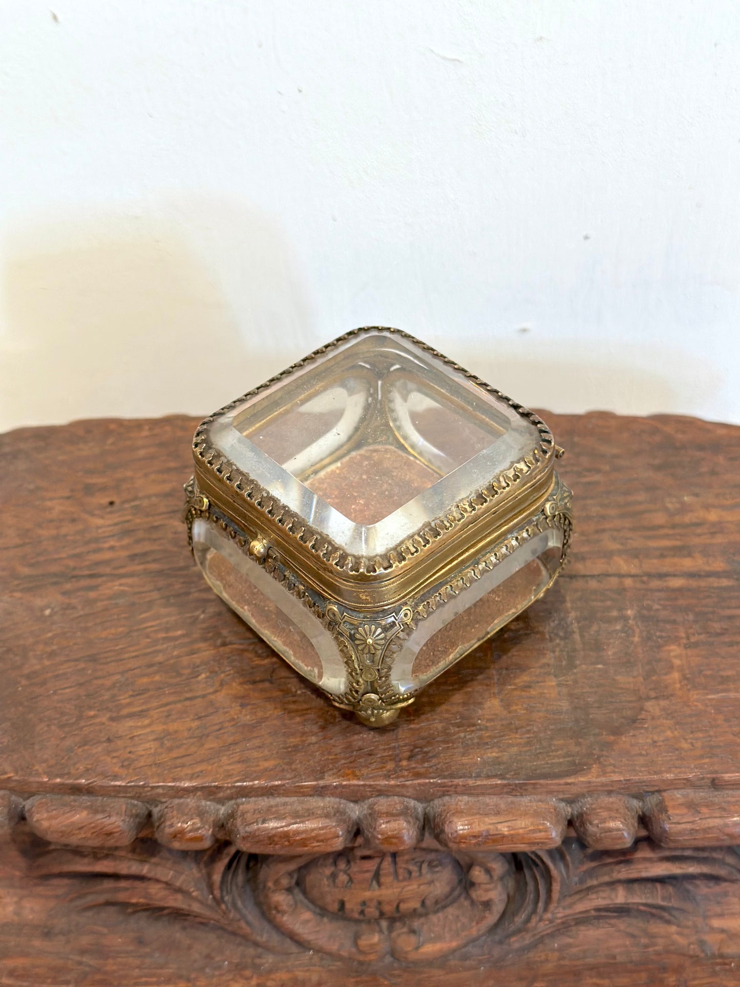 Antique French 'Boîte à Bijoux' Glass Jewellery Box - Small Square - Red Leather