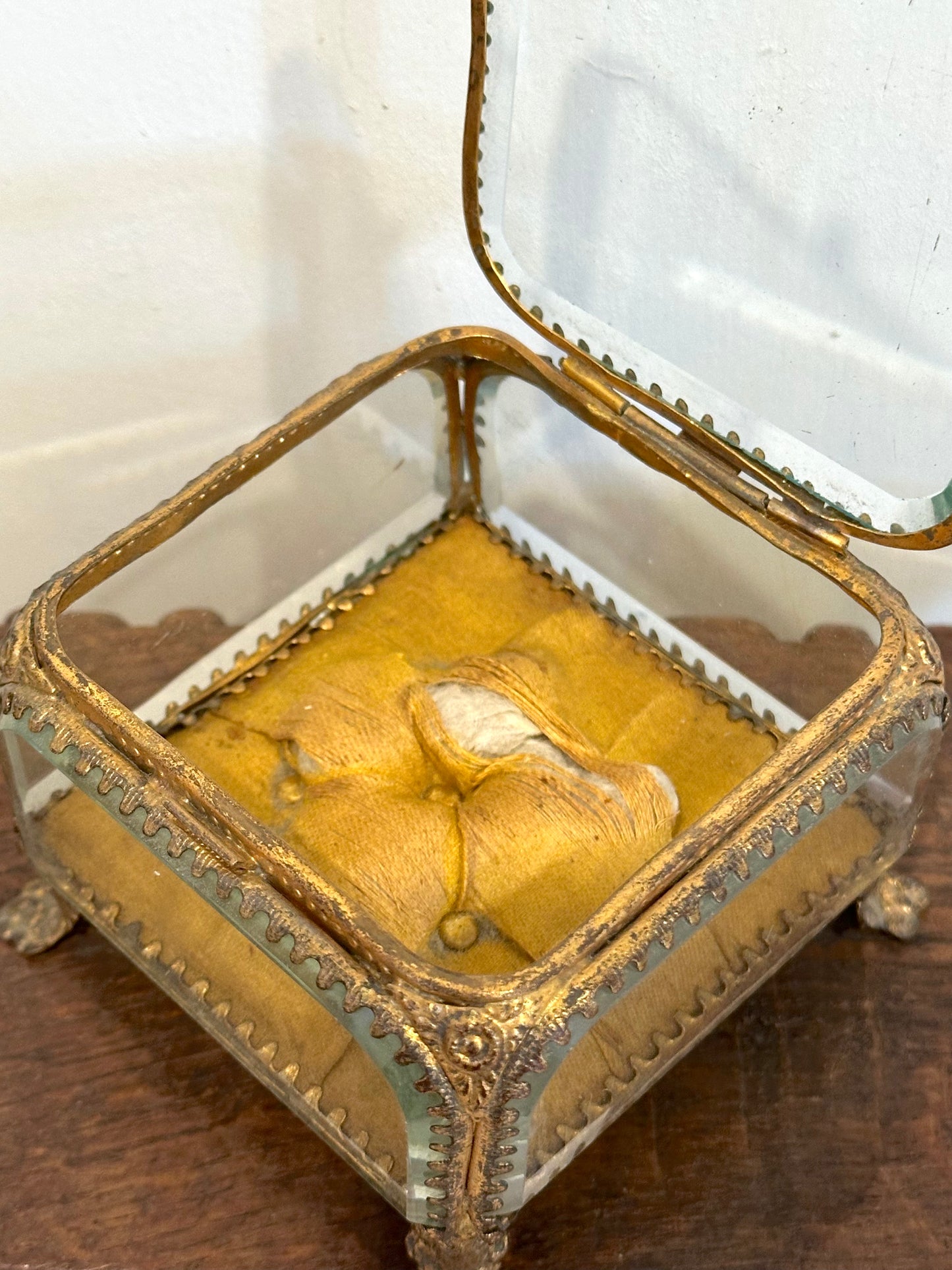 Antique French 'Boîte à Bijoux' Glass Jewellery Box - Large Square - Mustard Yellow