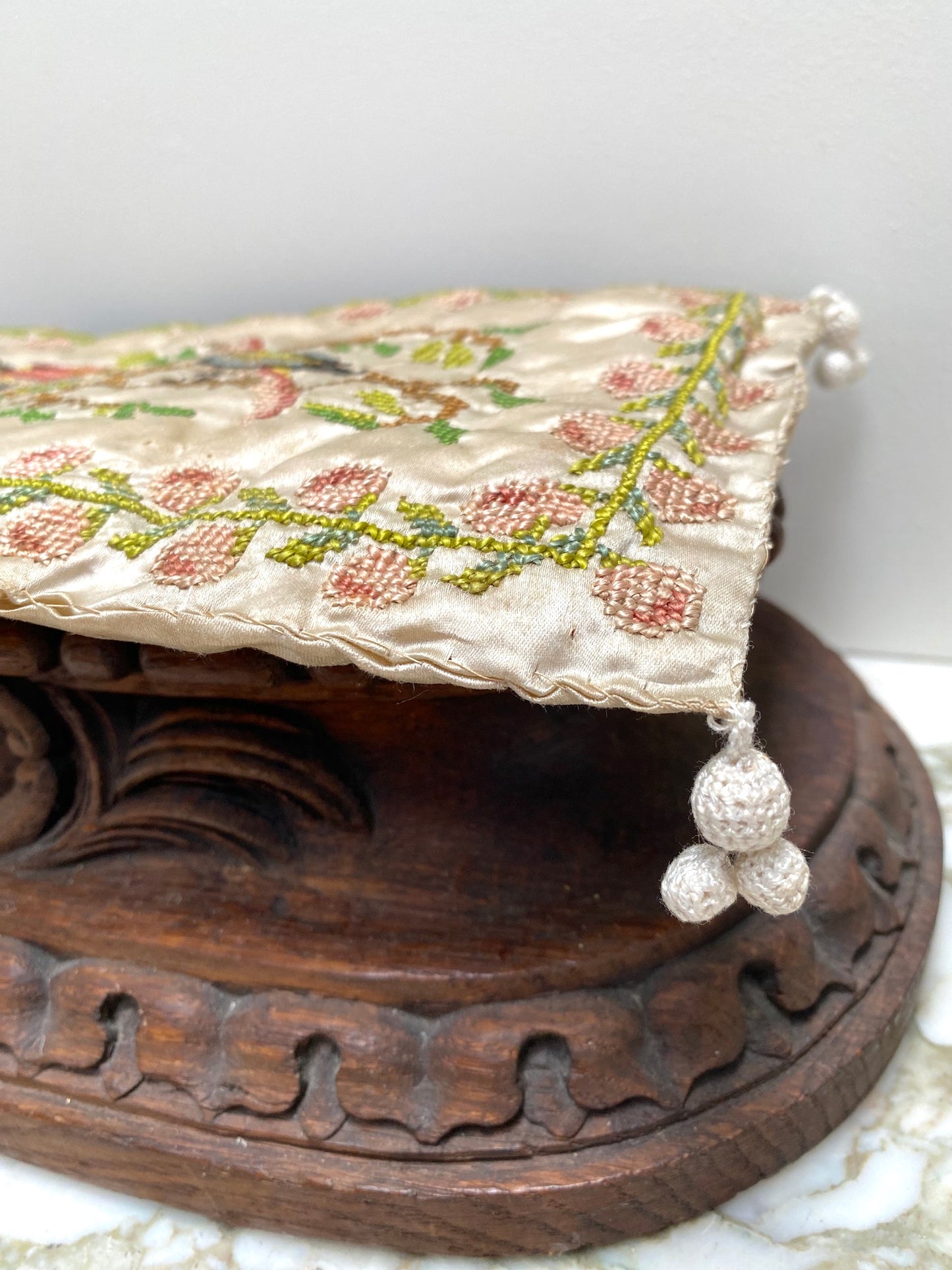 Antique French Embroidery Sampler Silk Pillow