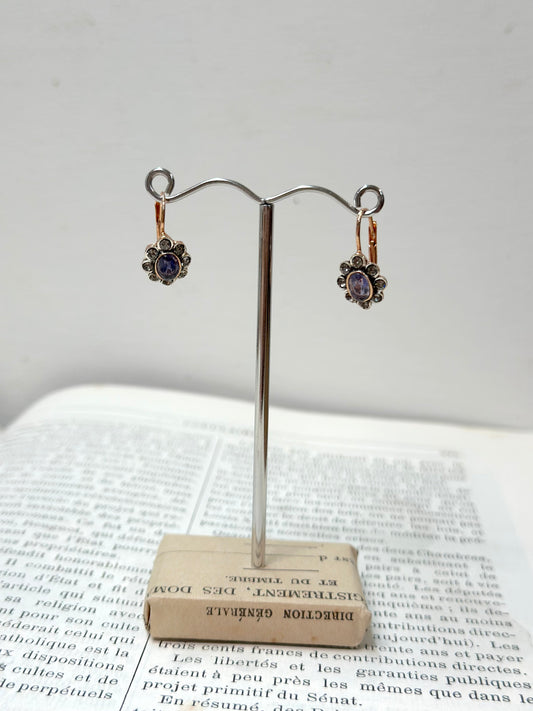 Italian Small Rose Gold Flower Earrings With Iolite Centre