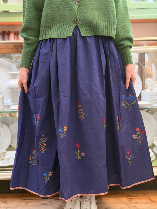 Long Navy Skirt With Floral Cross Stitch Embroidery