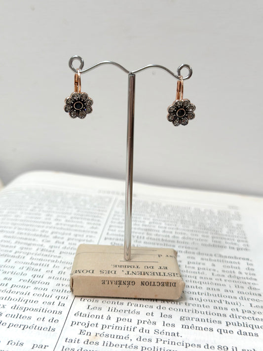 Italian Small Flower Earrings With Black Crystal Centre