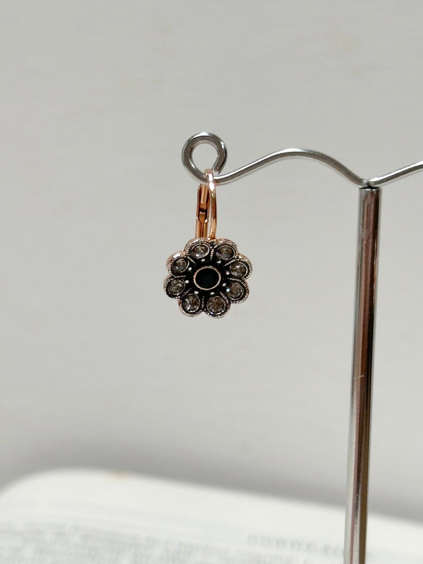 Italian Small Flower Earrings With Black Crystal Centre