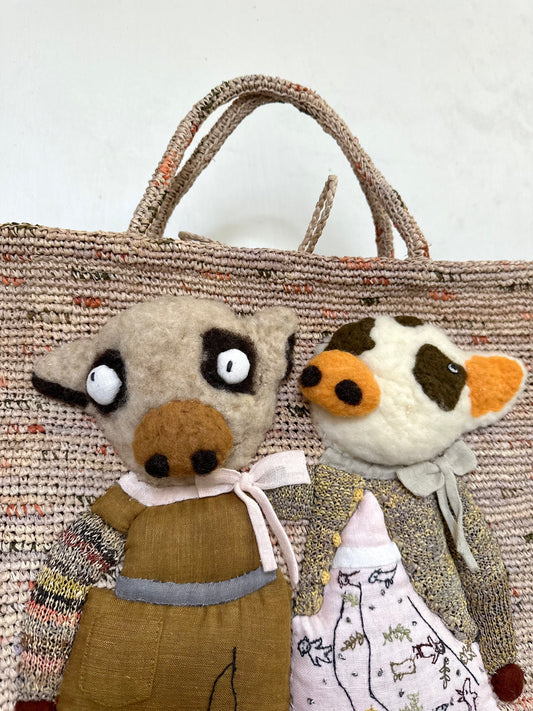 Sophie Digard Large Raffia Bag With Felt Farm Animal Duo